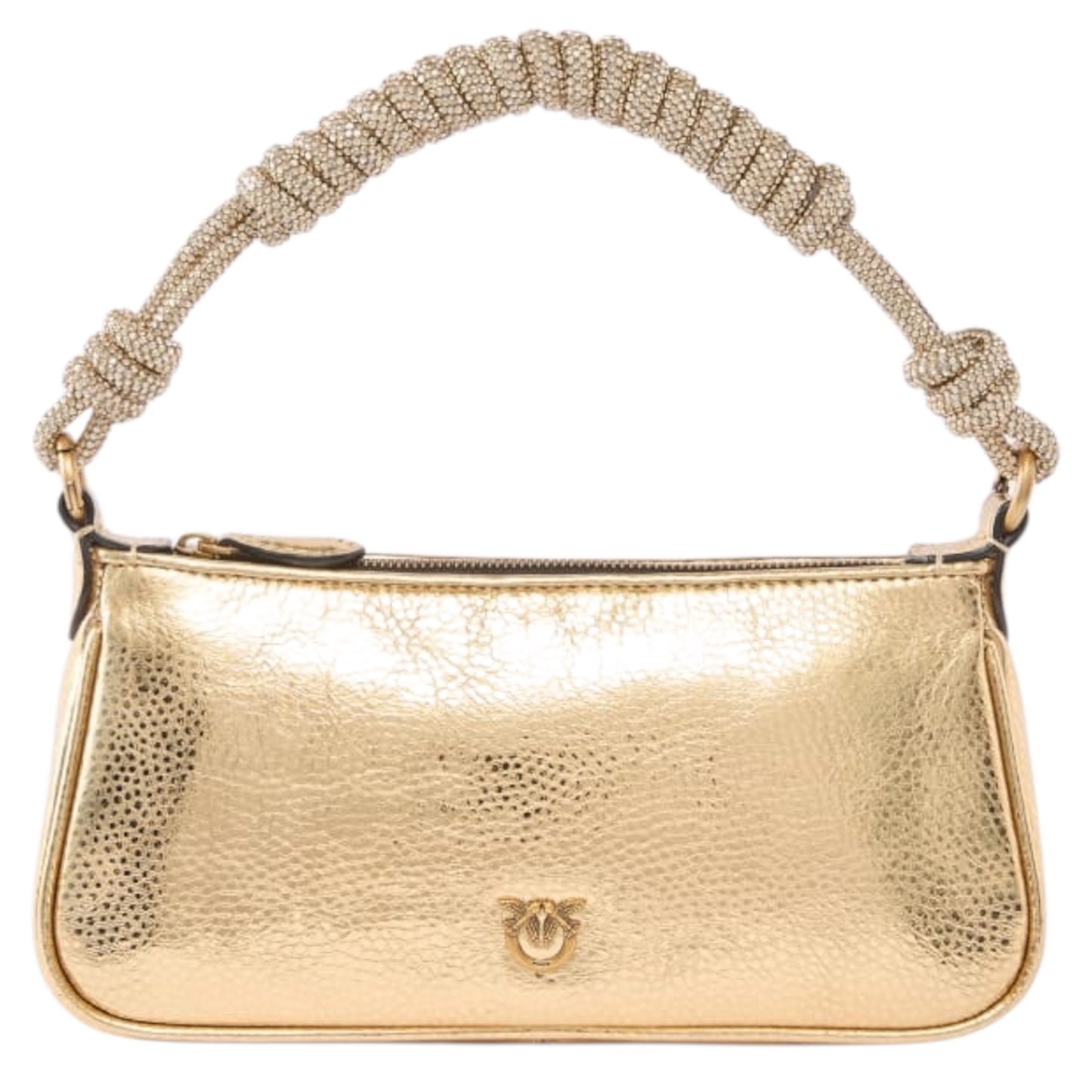 Borsa a mano piccola Mini Half Moon in pelle laminata con strass