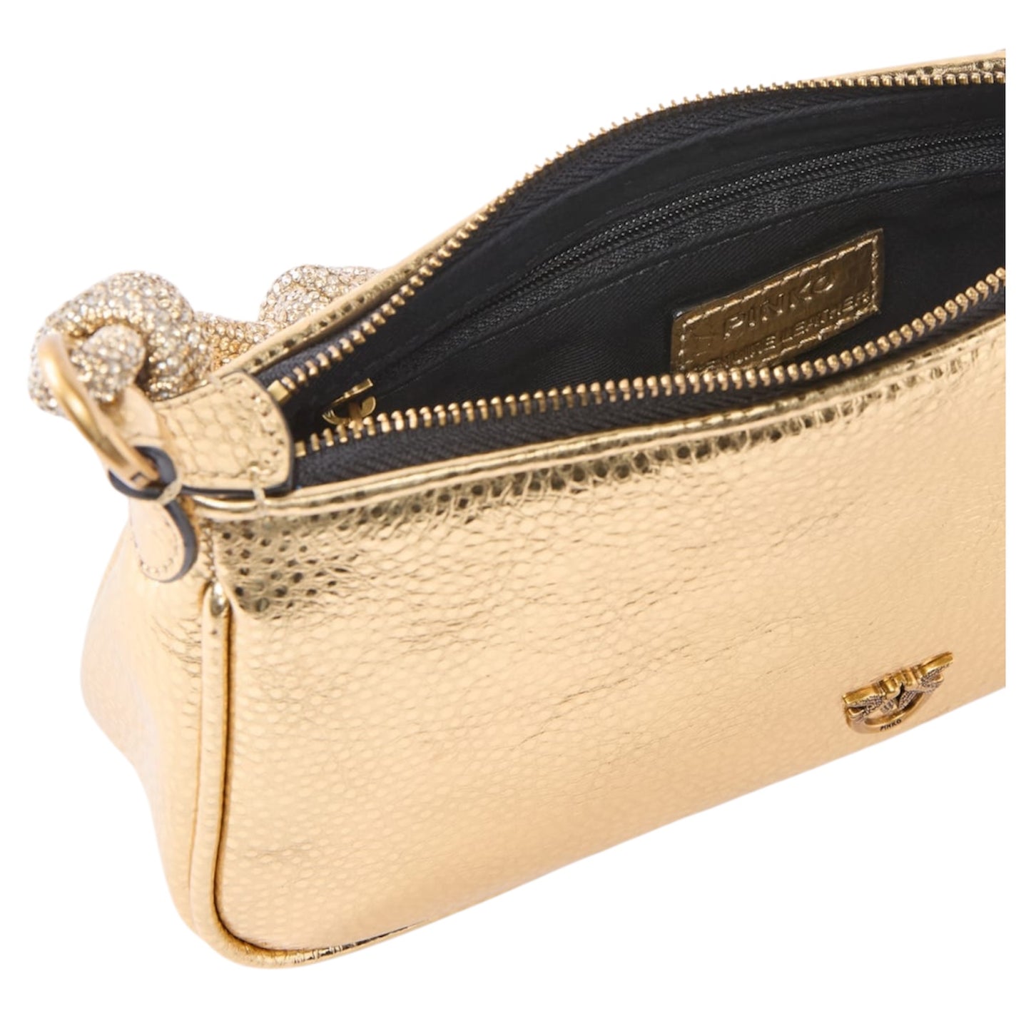 Borsa a mano piccola Mini Half Moon in pelle laminata con strass